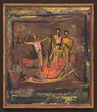 Figures Round the Fire by Walter Battiss, oil on canvas, sold Nov 2014