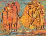 Ten Figures by Walter Battiss, oil on board, sold Nov 2014