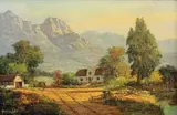 Gabriel de Jongh, Cape Dutch Cottage in a Mountainous Landscape