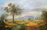 Gabriel de Jongh, Streamside Cottage with Smoking Chimney
