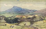 Terence McCaw, Rondawels in an Undulating Landscape, watercolour on paper laid down on card