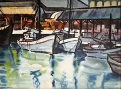 Richard Cheales, Boats in the Harbour, watercolour on paper laid down on cardboard