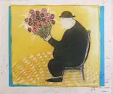 Pieter van der Westhuizen, Seated Man with Bouquet of Flowers, colour etching