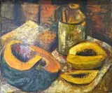 Stella Shawzin, Still Life with Pumpkin and Pawpaws, oil on board