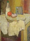 Barbara Grace Burry, Still Life with a Bottle Milk, Tomato and Onion, oil on canvas laid down on board