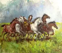Victor Archipovich Ivanoff, Stallions, oil on canvas laid down on board