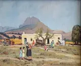 Mother and Children in a Rural Setting by Piet van Heerden, oil on canvas board, sold Apr 2014