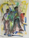 Eli Kobeli, The Flautist, mixed media on card