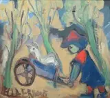 Child with Wheelbarrow and Chicken by Frans Claerhout, oil on board, sold Apr 2014