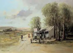Christiaan Nice, Donkey Cart Outside a Farm Stall, oil on canvas laid down on board