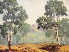 Ernest Benjamin King, Landscape with Cottage and Distant Mountains, oil on board