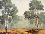 Ernest Benjamin King, Landscape with Cottage and Distant Mountains, oil on board