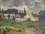 Homestead in an Overcast Landscape by Piet van Heerden, oil on artist's board, offered Nov 2013