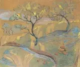 Edith King, Trees Along a River Bank, watercolour on paper laid down on card