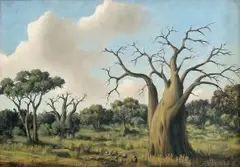 Simon Moroke Lekgetho, Baobabs, oil on canvas laid down on board