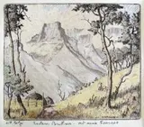 Willem Hermanus Coetzer, Eastern Butress, Mt Aux Sources, etching with hand colouring