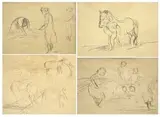 Figure Leading a Horse; Ploughing; Five Women Gathering Wheat; Three Women Gathering Wheat, four by Maggie Laubser, pencil on paper, sold Nov 2013