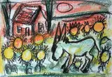 Frans Claerhout, Donkey, Sunflowers and a House, wax crayon