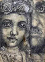 Eris Silke, Father and Daughter, mixed media on paper laid down on board