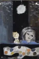 Figure of Dots with Mirror Ball, Child and Dog by Simon Stone, oil on cardboard, sold Nov 2013