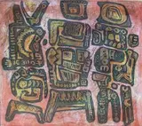 Dirk Meerkotter, Drie Argaïese Figure, colour etching