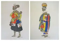 Barbara Tyrrell, African Studies, a pair, pen, ink and watercolour on paper laid down on card