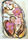 Frans Claerhout, Lady with Cosmos, mixed media on paper laid down on card
