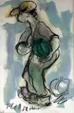 Frans Claerhout, Boy with a Green Pumpkin, mixed media on paper