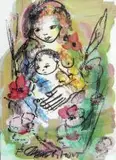 Frans Claerhout, Mother, Infant and Cosmos, mixed media on paper laid down on card