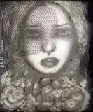 Eris Silke, Lady in Net Hat, mixed media and assemblage on board