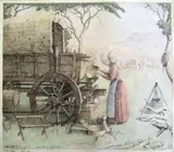 Willem Hermanus Coetzer, Voortrekker Meisie en Ossewa, hand coloured hard ground etching with dry point
