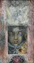 Girl with a Cat by Eris Silke, mixed media and assemblage on board, sold Nov 2013