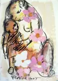Frans Claerhout, Mother and Daughter with Cosmos, mixed media on paper laid down on card