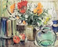 Eric Byrd, Still Life with Fruit and Flowers, watercolour, pen and ink