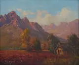 Thatched Cottage in a Mountainous Landscape by Tinus de Jongh, oil on canvas, sold Jun 2014