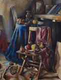 Harry Trevor, Interior with Chair and Fruit, oil on canvas laid down on board