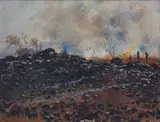 Veld Fire by Frans Oerder, oil on panel, sold Jun 2014