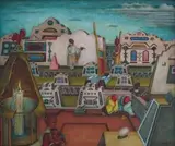 Ndebele Village by Alexis Preller, oil on canvas laid down on board, sold Jun 2014