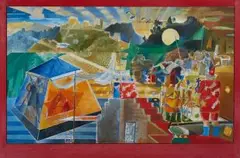 Stanley Pinker, Camping in the Kouebokkeveld, oil and sand on canvas, in the artist’s handmade frame
