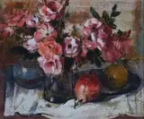 Irmin Henkel, Still Life with Pink Roses and Pomegranates, oil on canvas