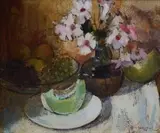Irmin Henkel, Still Life with Melon, Trumpet Flowers and Fruit, oil on canvas