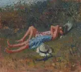 Two Young Girls Watching Clouds Pass by Adriaan Boshoff, oil on canvas laid down on board, offered Jun 2014