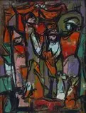 Figures with Three Dogs and a Chicken by Walter Battiss, oil on board, sold Jun 2014
