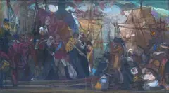 John Henry Amshewitz, Merchant Trading at the Harbour, oil on canvas laid down on board