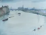 Maud Sumner, Mist over the Thames, pen, ink and watercolour