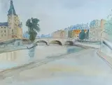 Maud Sumner, Bridge over the Seine, pen, ink and watercolour