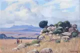 Willem Hermanus Coetzer, Extensive Landscape with a Rocky Outcrop, Figures and Huts Beyond