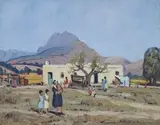 Figures in front of a Labourer's Cottage by Piet van Heerden, oil on canvas board, offered Nov 2013