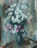 Clément Serneels, Roses and Daisies in a Green Jug, oil on canvas laid down on board
