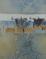 Wildebeest and Baobab by Keith Joubert, oil on canvas, sold Nov 2013